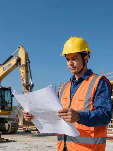 Portrait of a confident site engineer in high-visibility gear, hard hat, reviewing blueprints on an active construction site, high-contrast daylight, low-angle, deep blue and orange accents, heavy machinery in background.
