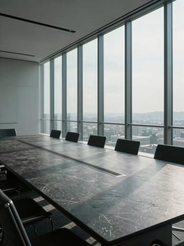 Wide panoramic interior of an empty contemporary corporate boardroom, floor-to-ceiling glass windows on the right, diffuse overcast daylight casting long horizontal shadows across a polished dark stone table, no people, architectural geometry, cold and precise atmosphere