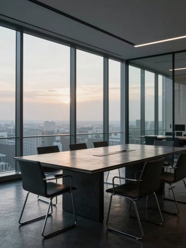 Wide shot of an empty contemporary boardroom at dawn, floor-to-ceiling windows casting long diffuse light across a polished dark stone table, minimal chairs, no figures, overcast sky visible beyond the glass, cold institutional atmosphere