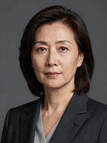 Clean studio headshot of a senior female lawyer, shoulders and head, dark neutral background, diffuse studio lighting, serious composed expression, formal suit, precise institutional framing