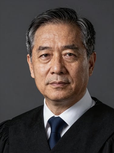 Clean studio headshot of a senior male lawyer, shoulders and head, dark neutral background, diffuse studio lighting, neutral composed expression, formal attire, institutional gravity