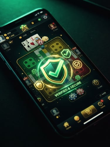 A close-up high-angle shot of a smartphone screen displaying green and gold security checkmarks over a 3 patti ludo game dashboard, vivid neon green studio lighting, deep shadows, 35mm
