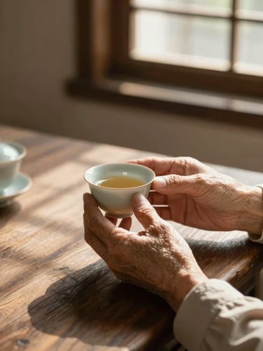 Warm portrait of an elderly woman's hands gently holding a ceramic tea cup, resting on a rustic wooden table, soft afternoon sunlight filtering through a window, shallow depth of field.