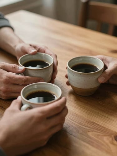 An intimate, warm-toned photograph of hands holding ceramic cups of coffee on a wooden dining table, soft natural afternoon light creating a peaceful domestic atmosphere.