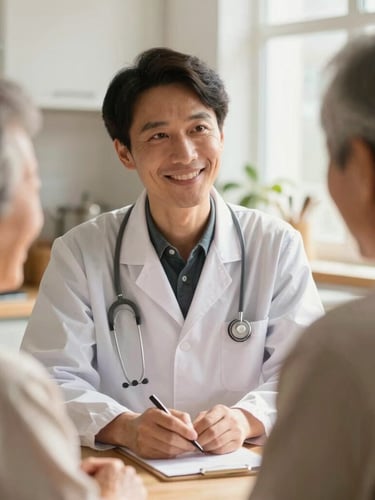 A caring operator smiling gently while talking to an elderly guest in a sunlit kitchen, soft focus, warm atmosphere.