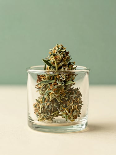 Elegant close-up of premium, lab-certified cannabis flower in a clean, minimalist glass jar, soft natural daylight, muted forest green and warm cream background, shallow depth of field, professional editorial photography