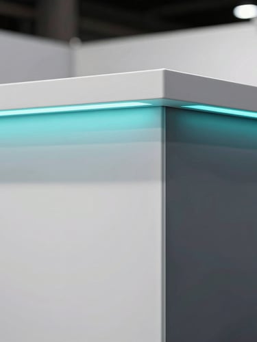 Architectural close-up shot of a pristine exhibition booth corner joint, seamless material connection, integrated bright teal LED strip lighting, clean studio-grade lighting, clinical white and deep slate surfaces, high-traffic durability.