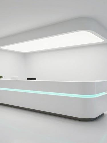 Wide architectural shot of a pristine, modern clinic reception area, sterile white surfaces, precise surgical teal LED lighting accents, minimalist reception desk, clean lines, bright even lighting, no people.