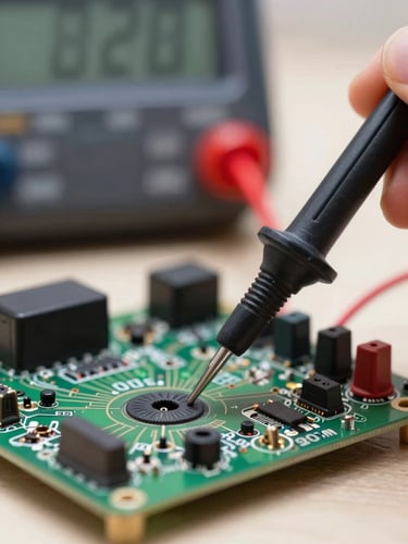 Extreme close-up of a digital multimeter probe testing a circuit board of an OLED television, bright neutral daylight, shallow depth of field, technical precision.