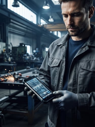 Straight-on clean mockup of KALTEK software on a mobile screen held by a workshop operator, dramatic industrial light, cool steel-grey and dark blue lighting