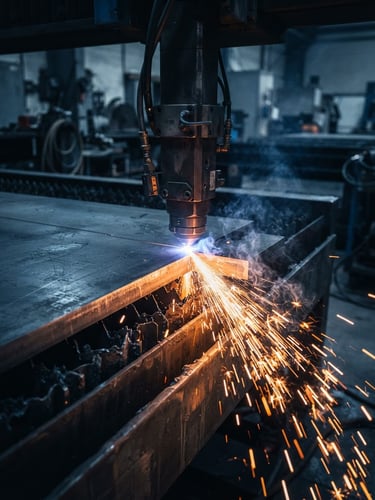 Industrial fiber laser cutting machine processing metal sheet with sparks in a factory.