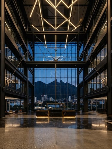 Interior corporativo de doble altura en Monterrey, con líneas geométricas nítidas, iluminación dramática y acabados en acero y cristal, vista amplia y simétrica.