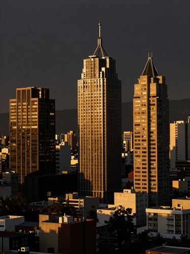 Amplia panorámica de la ciudad de Monterrey al atardecer, destacando edificios modernos con líneas geométricas nítidas, luz dorada y sombras profundas.