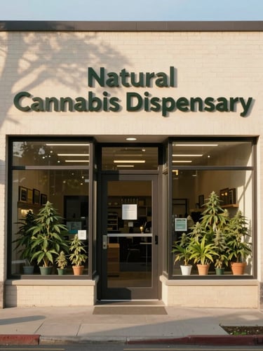 Warm eye-level photograph of the Natural Cannabis Dispensary physical storefront at 926 Sligo Avenue, soft morning sunlight casting gentle shadows on the clean brick facade, inviting entrance.