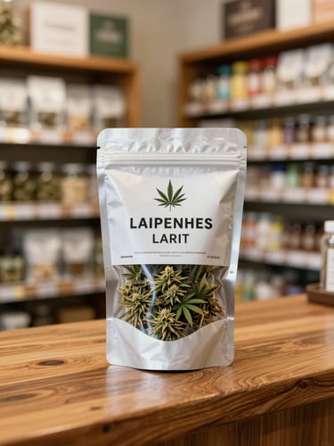 A close-up, warm ambient shot of legally compliant, sealed cannabis packaging resting on a polished wooden counter inside a brightly lit dispensary storefront.