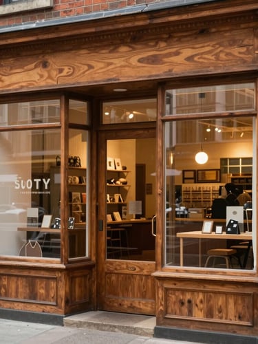 Eye-level medium shot of a warm, welcoming brick-and-mortar storefront on Sligo Avenue with wooden framing and soft ambient indoor light visible through the clean windows.