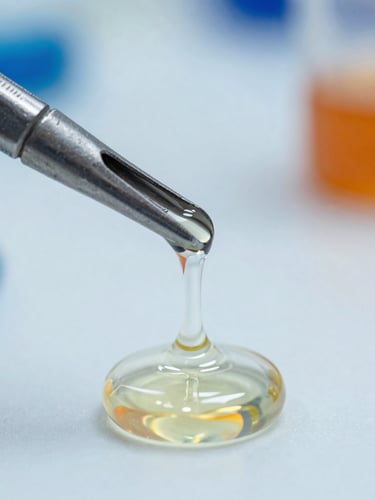 Macro close-up of clear high-viscosity liquid polymer resin being poured in a bright laboratory environment, crisp steel tools, deep blue and safety-orange reflections, shallow depth of field