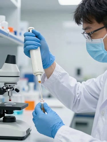 A professional chemist in a clean modern laboratory, using high-precision pipettes and testing equipment to analyze liquid resin viscosity, bright blue accents