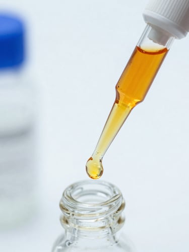 Macro close-up of amber liquid resin being tested with a precision laboratory pipette under bright high-key light, clean sterile background