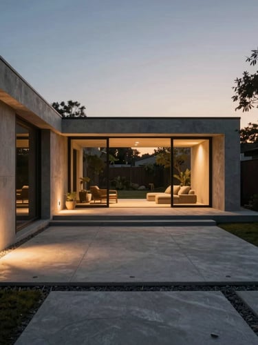hyper-realistic architectural 3D render of a modern minimalist backyard at twilight, concrete pavers, integrated soft lighting, 35mm cinematic