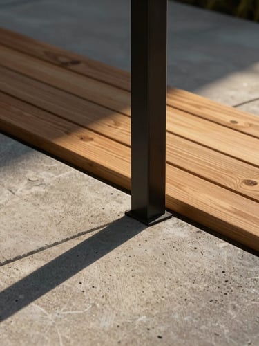 Hyper-realistic architectural 3D render of premium outdoor materials, close-up shot of raw concrete pavers meeting minimalist black steel posts and warm cedar wood slats, dramatic golden-hour sunlight casting long shadows, cinematic editorial style, 35mm.