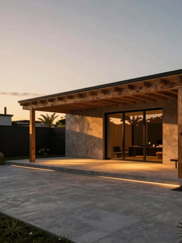 Wide-angle architectural 3D render of a modern minimalist backyard at golden hour, cedar pergola, concrete pavers, integrated warm lighting, cinematic 35mm