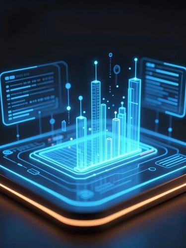 Macro shot of a glowing neon-blue digital interface, 3D holographic data nodes projecting volumetric charts, dark obsidian background, high contrast studio lighting with amber edge-glows.