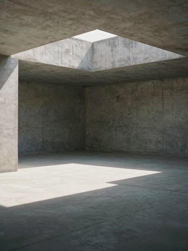 Orthogonal architectural elevation of an empty concrete gallery space, harsh natural light casting deep geometric shadows across raw plaster walls, 35mm tilt-shift lens.