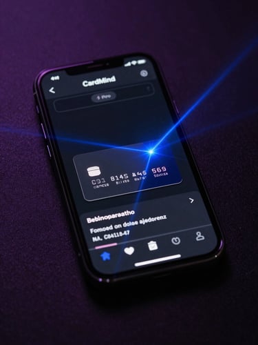 Orthographic view of a mobile phone displaying the CardMind interface, sharp electric blue laser line scanning a premium physical business card, dark studio lighting, subtle violet background glow.