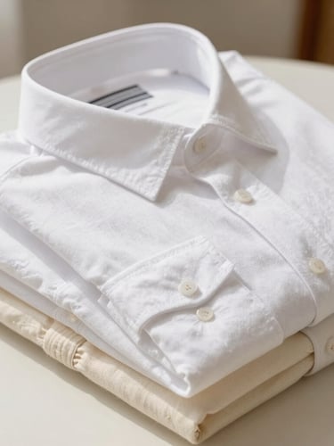 A neatly folded stack of freshly pressed white and cream linen shirts in premium bespoke packaging, soft morning light, editorial styling