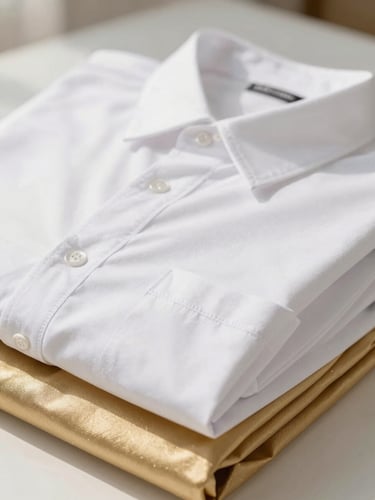 Close-up of neatly folded premium garments in bespoke white and gold packaging under bright, soft natural daylight, shallow depth of field, editorial photography