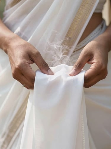 Macro shot of professional hands steaming a fine white silk saree, soft golden daylight, shallow depth of field, premium editorial photography