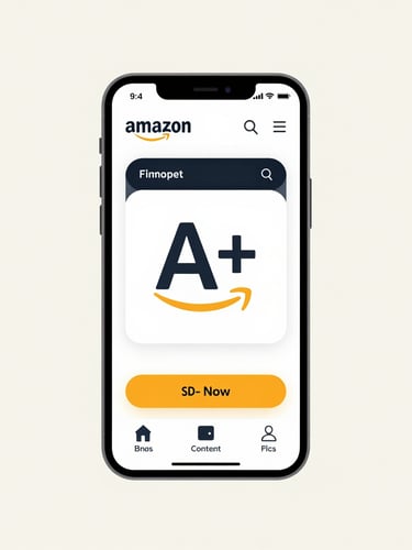 Crisp digital product mockups showing a smartphone screen with optimized Amazon A+ Content, bright studio lighting, clean off-white background.