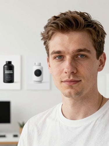 Close-up portrait of David Schulz, a professional designer in his late 20s, in a bright studio workspace with soft natural light, looking confident, clean off-white background.