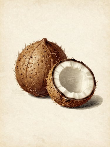 Detailed antique botanical engraving of Cocos nucifera with coconut cross-section, aged cream paper background, soft natural lighting