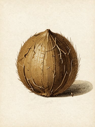 Detailed antique botanical engraving of Cocos nucifera on aged parchment paper, soft natural lighting, scientific study framing
