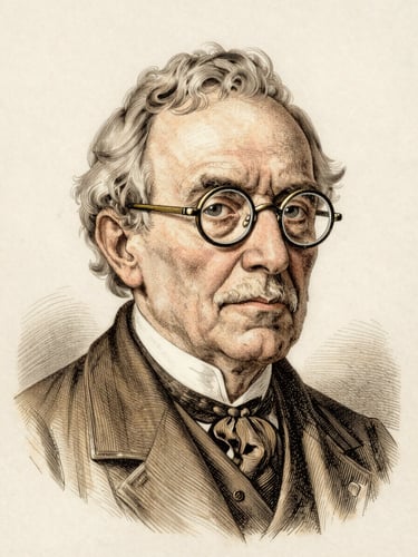 Detailed portrait engraving of an elderly French botanist researcher with spectacles, vintage scientific illustration style, clean engraving lines, muted khaki ink on aged cream paper background, centered composition