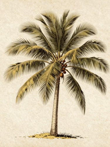 Vintage botanical engraving of Cocos nucifera palm tree, detailed scientific lines, aged cream paper background, soft natural parchment tones