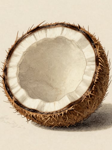 Detailed botanical engraving of Cocos nucifera displaying the inner endosperm and fibrous husk, vintage style on aged paper, soft natural lighting