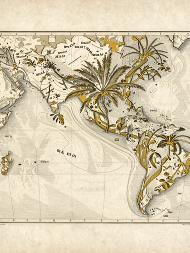 Antique botanical map engraving showing the tropical oceans and maritime currents, vintage khaki ink style on aged parchment