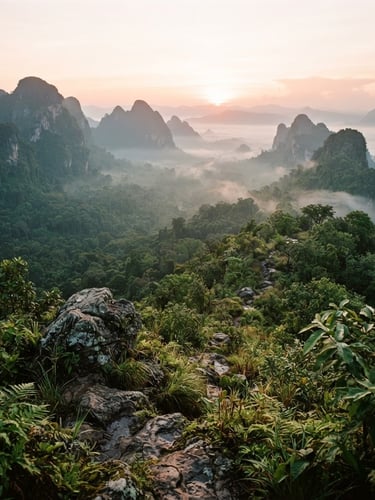Mist-shrouded peaks of Khao Yai National Park at dawn, expansive valley view, warm editorial photography, soft morning mist, forest green and stone grey tones, shallow depth of field, 35mm