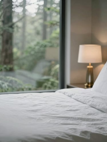 Portrait shot of an elegantly furnished bedroom with crisp white linen and a subtle gold accent lamp, diffused natural light, forest green and stone grey tones, shallow depth of field, 35mm
