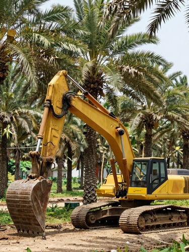 Low-angle heroic shot of a heavy excavator clearing land on a structured plantation site, high-contrast morning sunlight, sharp industrial details