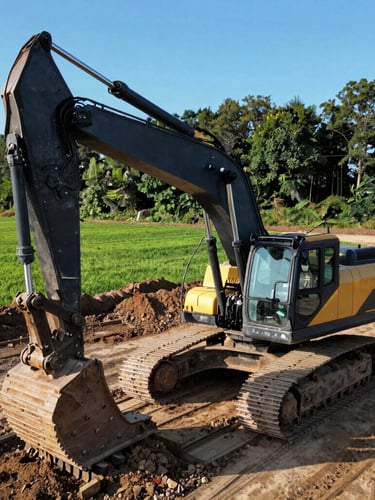 Low-angle heroic shot of a heavy excavator operating in a clean, structured land-clearing site, high-contrast morning sunlight highlighting machinery contours.