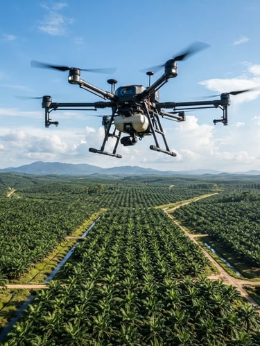 Low-angle sharp industrial photography of an agricultural drone hovering over a vast, structured palm oil plantation in Sumatra during bright morning daylight.