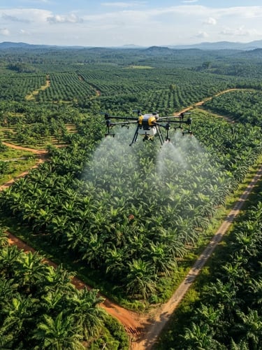 Wide aerial view of an industrial agricultural drone spraying a lush green palm oil plantation in Sumatra, bright morning sunlight, high-detail industrial photography