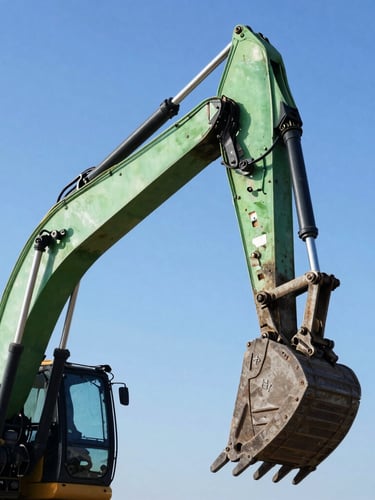 Low-angle portrait shot of a heavy excavator arm operating under bright daylight, high-contrast machinery contours, blue sky
