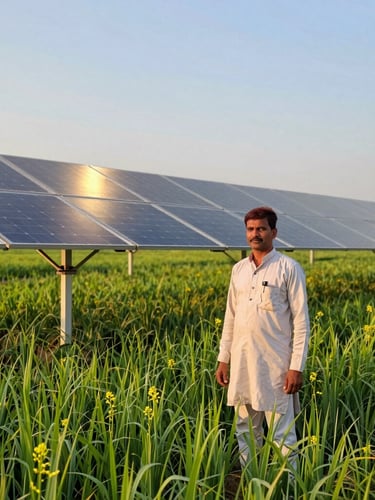 Wide environmental shot of a proud Indian farmer standing in a lush green mustard field next to a newly installed solar panel array, golden hour sunlight reflecting off the panels, clear sky background.