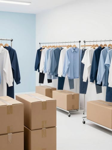 Wide shot of a modern, brightly lit garment dispatch bay with neatly packed cardboard shipping boxes and organized clothing racks, clean white and soft blue tones.