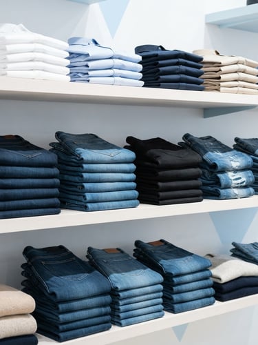 Bright commercial product photography, crisp studio lighting, neatly folded stacks of denim jeans and cotton shirts on clean shelves, 50mm focus.